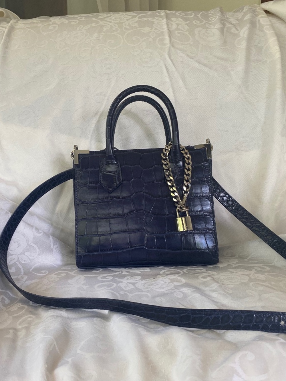 THE KOOPLES Ming Bag • Navy Croc-Embossed Calfskin Leather • Chain & Padlock
